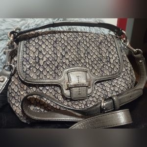Coach snakeskin print fabric handbag w/ silver leather handle and trim